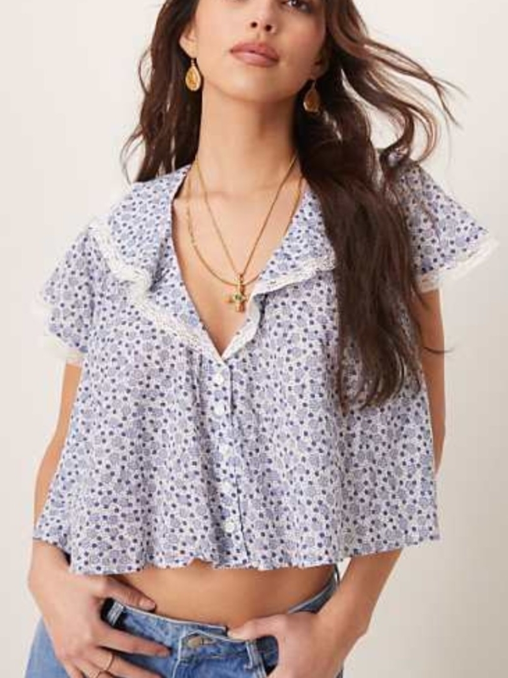 Free People Light Blue Floral Yours Truly Crop Button-Front Top, Sz XL, EUC